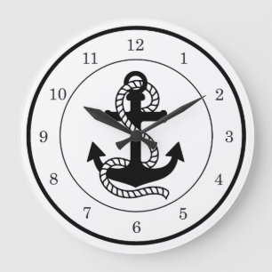 Maritimes schwarzes Anker {wähle deine Farbe} Große Wanduhr