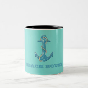 Maritimes Strandhaus, Anker, Seil, Mintgrün Zweifarbige Tasse