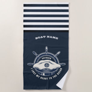 Maritimes Thema Bootsname Navyblauer Streifen Strandtuch