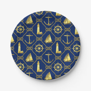 Maritimes Thema Navy Blau Gold Anker Leuchtturm Pappteller