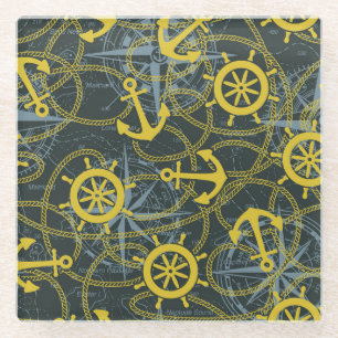 Maritimes Vintage-Muster, Anker und Karte. Glasuntersetzer