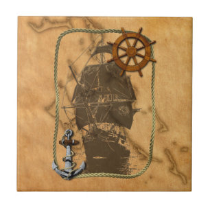 Maritimes Vintage-Schiff und Karte Fliese