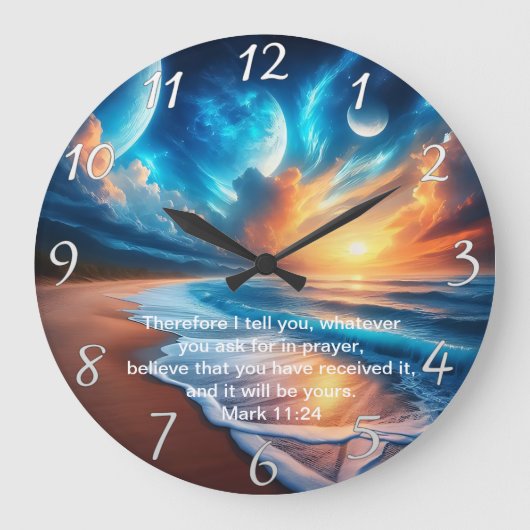 Mark 11:24 Cross Sunset Ocean Calm Große Wanduhr (Vorderseite)