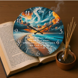 Mark 11:24 Cross Sunset Ocean Faith Große Wanduhr