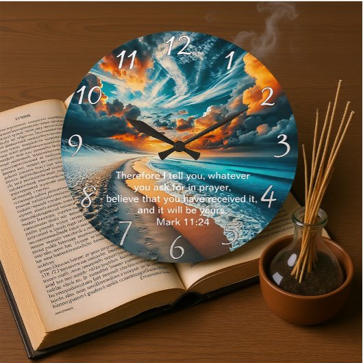 Mark 11:24 Cross Sunset Ocean Faith Große Wanduhr