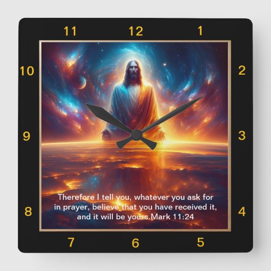 Mark 11:24 Jesus strahlt gegen den HimmelsSunset Quadratische Wanduhr (Vorderseite)