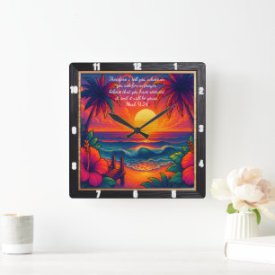 Mark 11:24 Tropical Sunset Gebet Verse Quadratische Wanduhr