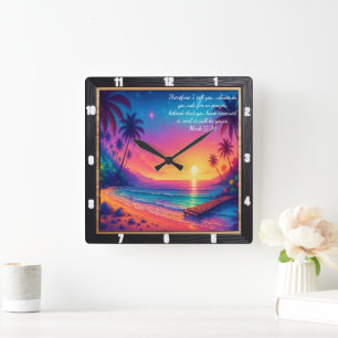 Mark 11:24 Vibrant Sunset Verse Beach Quadratische Wanduhr