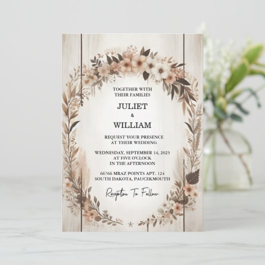 Mark Garden Floral Spring Wood Boho Rustic Wedding Einladung (Stehend Vorderseite)