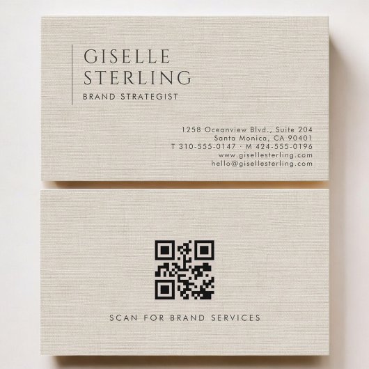 Markenstratege Luxus Neutral Leinen QR Code Visitenkarte