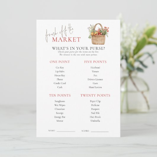 Market What in Purse Brautparty Game Card Einladung (Stehend Vorderseite)