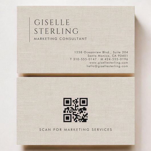 Marketing Consultant Luxury Neutral Linen QR Code Visitenkarte