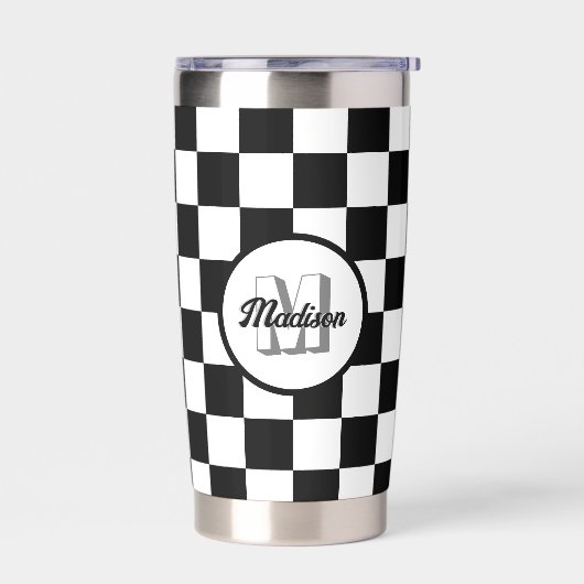 Markiertes Schwarz-Weiß-Retro-Monogramm Thermobecher (Links)