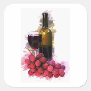 Markierungs-Skizze, Wein-Glas, Flasche, Trauben Quadratischer Aufkleber