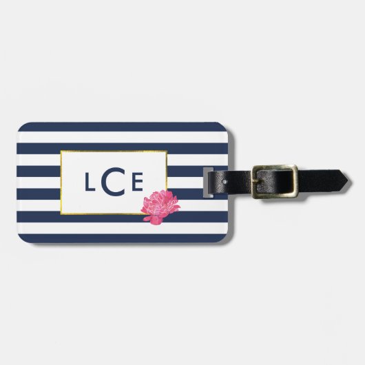 Markierungsstreifen und rosa Peony-Monogram-Gepäck Gepäckanhänger (Vorderseite horizontal)