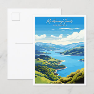 Marlborough Sounds Reise Vintage-Illustration Postkarte