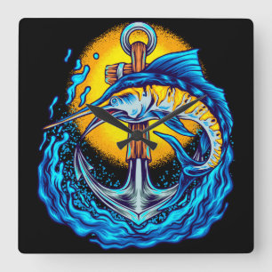 Marlin-Fisch mit Anker Quadratische Wanduhr