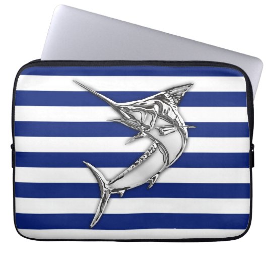 Marlin Fish Chrome auf nautischen Streifen Laptopschutzhülle (Vorderseite)