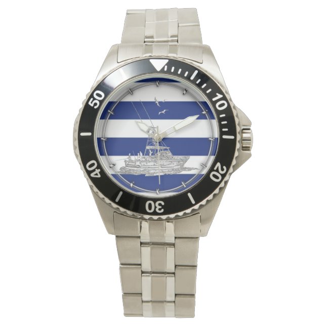 Marlin Fishing Chrome auf nautischen Streifen Armbanduhr (Vorderseite)