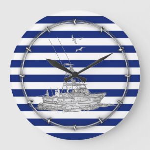Marlin Fishing Chrome on Navy Stripes Große Wanduhr