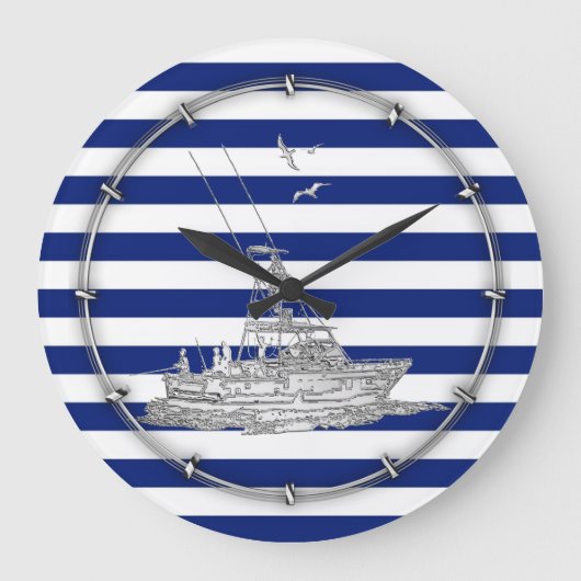 Marlin Fishing Chrome on Navy Stripes Große Wanduhr (Vorderseite)