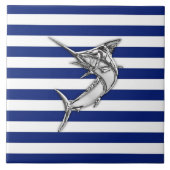 Marlin Swordfish Chrome Style auf nautischen Strei Fliese (Vorderseite)