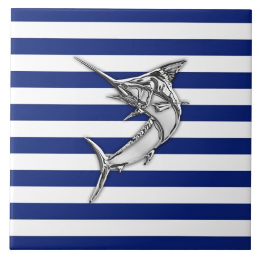 Marlin Swordfish Chrome Style auf nautischen Strei Fliese (Vorderseite)