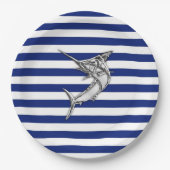 Marlin Swordfish Chrome Style auf nautischen Strei Pappteller (Vorderseite)