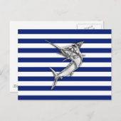 Marlin Swordfish Chrome Style on Nautical Stripes Postkarte (Vorne/Hinten)