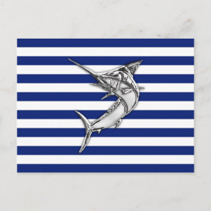 Marlin Swordfish Chrome Style on Nautical Stripes Postkarte