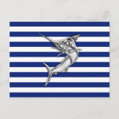 Marlin Swordfish Chrome Style on Nautical Stripes Postkarte (Vorderseite)