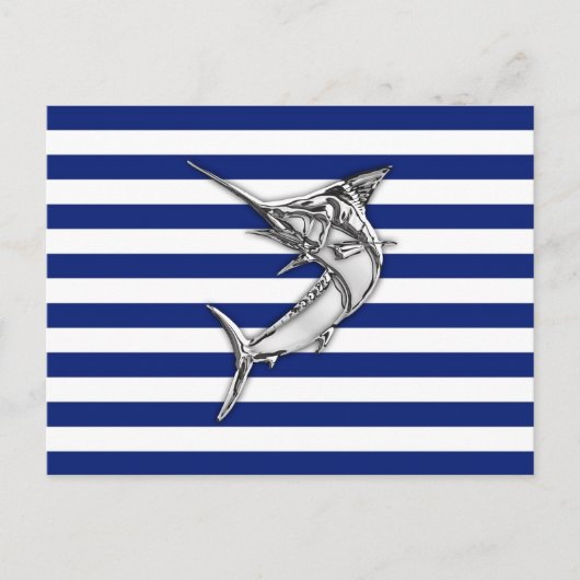 Marlin Swordfish Chrome Style on Nautical Stripes Postkarte (Vorderseite)