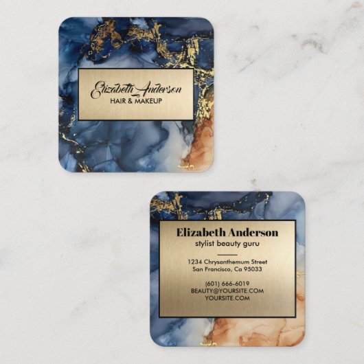 Marmor Agate Modern in Marmor, Blau und Gold Glitz Quadratische Visitenkarte (Vorne/Hinten)