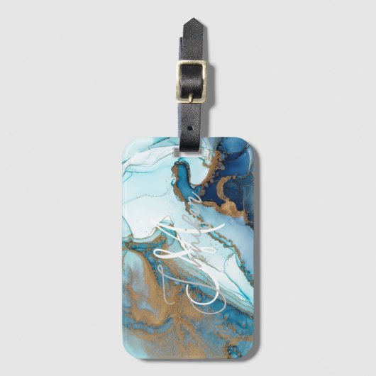 Marmor aquamarin türkis indigo blau agate Monogram Gepäckanhänger (Vorderseite Vertikal)