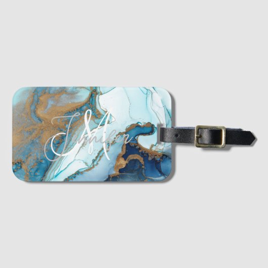Marmor aquamarin türkis indigo blau agate Monogram Gepäckanhänger (Vorderseite (Horizontal))