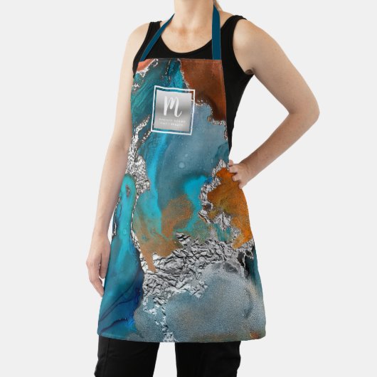 Marmor Aquarell Türkis Silbersalon Monogramm Schürze (InSitu)