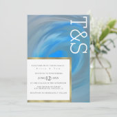 Marmor Blau Wellen Strand Typografie Hochzeit Einladung (Stehend Vorderseite)