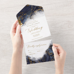 Marmor Glitter Hochzeit Navy Blau Gold ID644 All In One Einladung