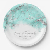 Marmor-Glitzer Hochzeit Aquamarin Silver ID644 Pappteller (Vorderseite)