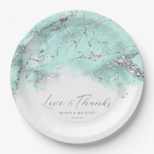 Marmor-Glitzer Hochzeit Aquamarin Silver ID644 Pappteller (Vorderseite)