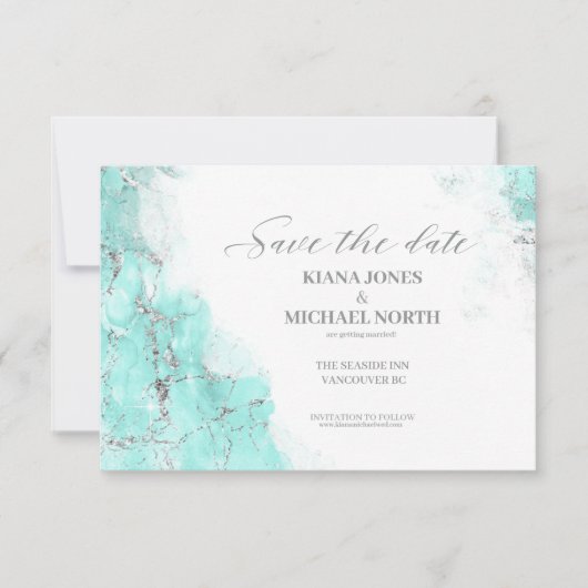 Marmor-Glitzer Hochzeit Aquamarin Silver ID644 Save The Date (Vorderseite)