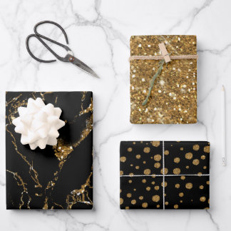 Marmor Glitzer Polka Dots Black/Gold Geschenkpapier Set