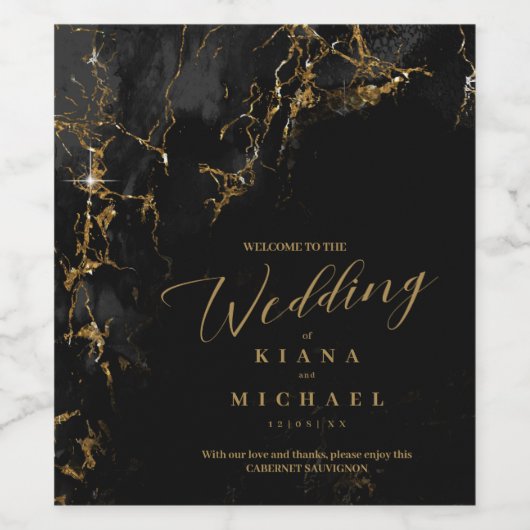 Marmor-Glitzer Wedding Black Gold ID644 Weinetikett (Einzelnes Label)