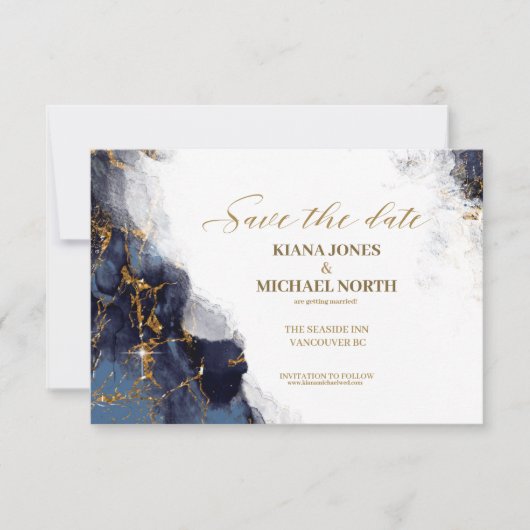 Marmor Glitzer Wedding Navy Blue Gold ID644 Save The Date (Vorderseite)