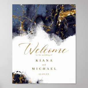 Marmor Glitzer Wedding Welcome Navy Blu Gold ID644 Poster