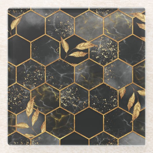 Marmor Hexagon, goldene Blätter Textur. Glasuntersetzer (Vorderseite)