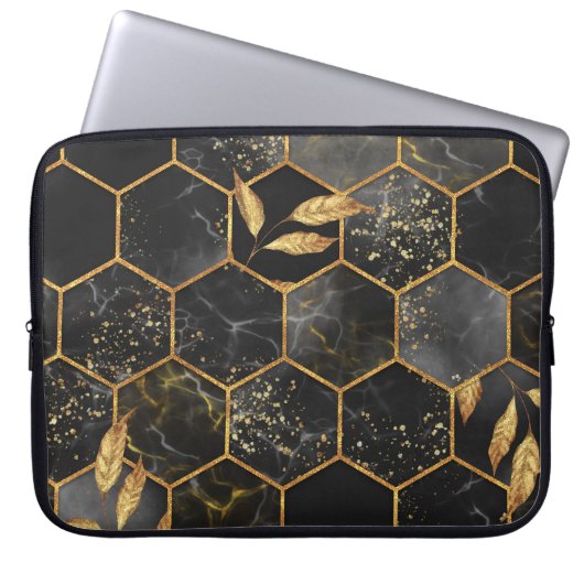 Marmor Hexagon, goldene Blätter Textur. Laptopschutzhülle (Vorderseite)