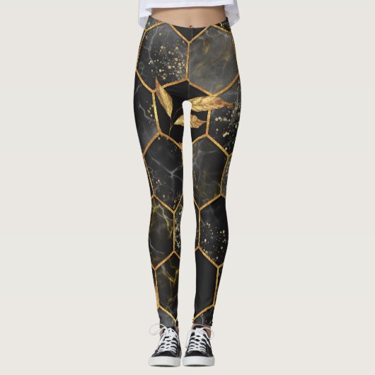 Marmor Hexagon, goldene Blätter Textur. Leggings (Vorderseite)