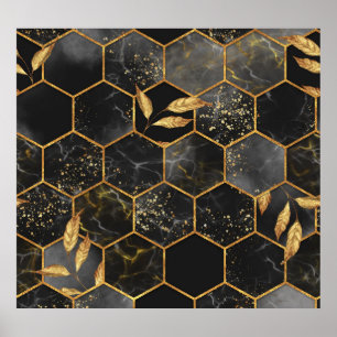 Marmor Hexagon, goldene Blätter Textur. Poster