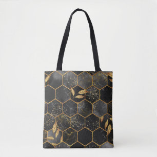 Marmor Hexagon, goldene Blätter Textur. Tasche